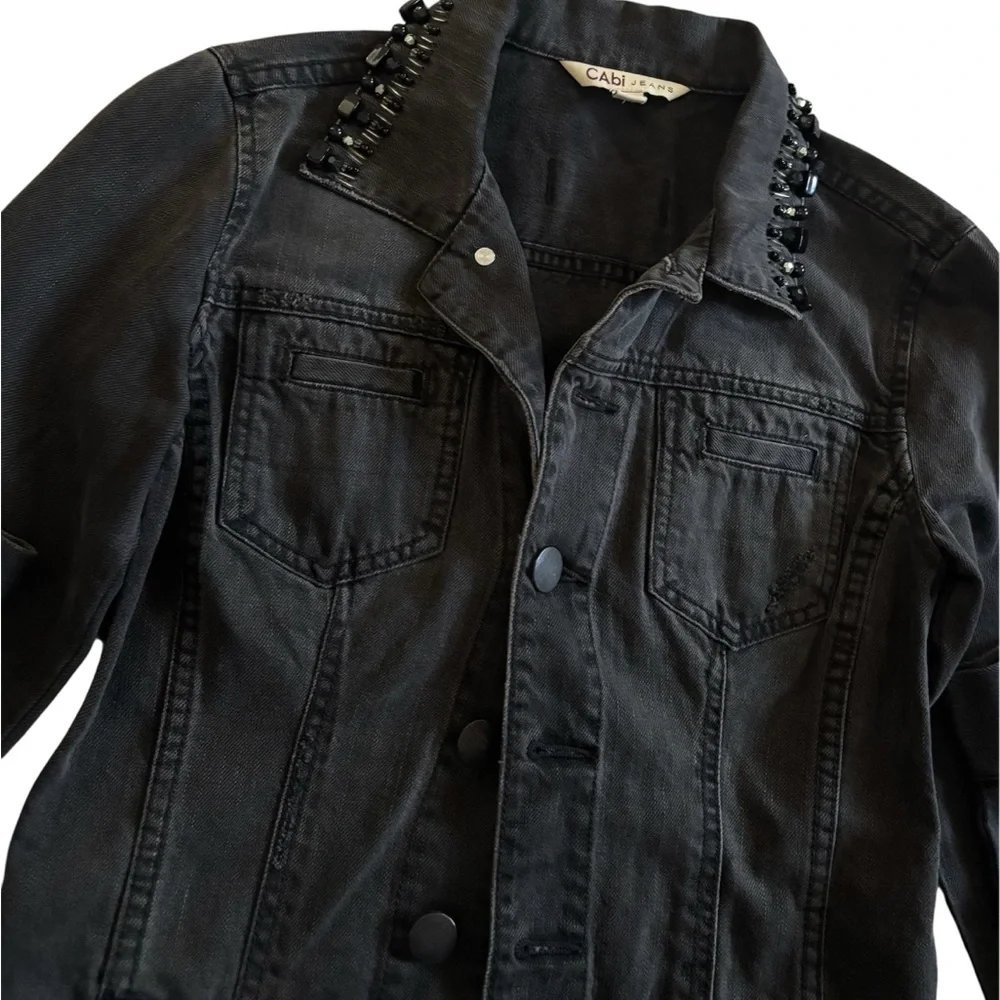 CAbi Jeans Jacket Womens XS Gray Denim Beaded Embellished Zip Cuff - Picture 4 of 4